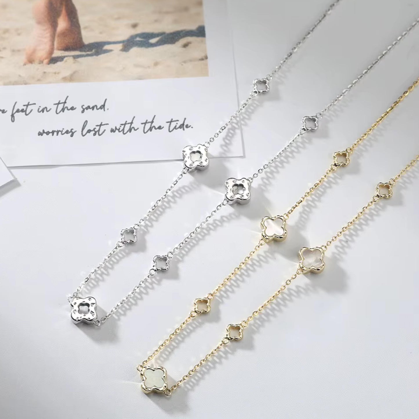 Mother of Pearl 4 Leaf Charm Station Necklace