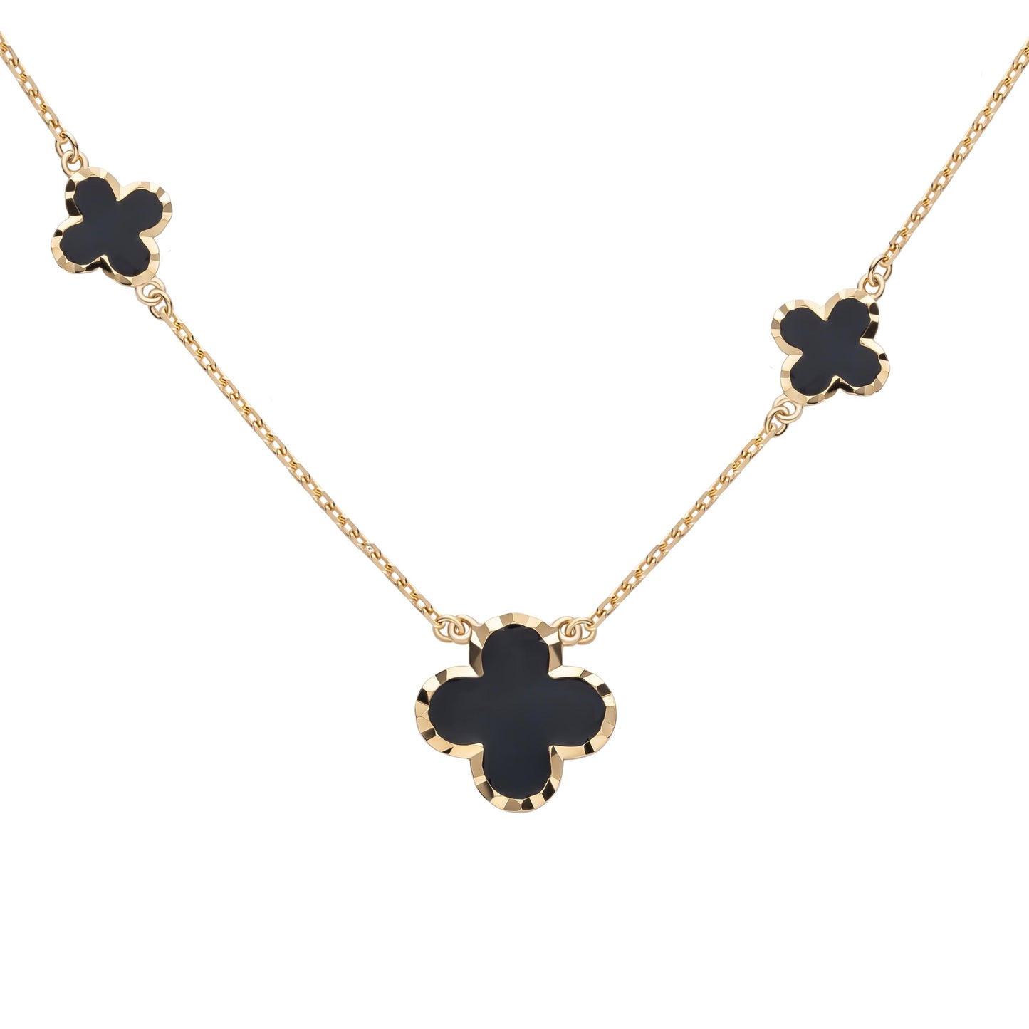Black Agate 4 Leaf Charm 3 Station Necklace