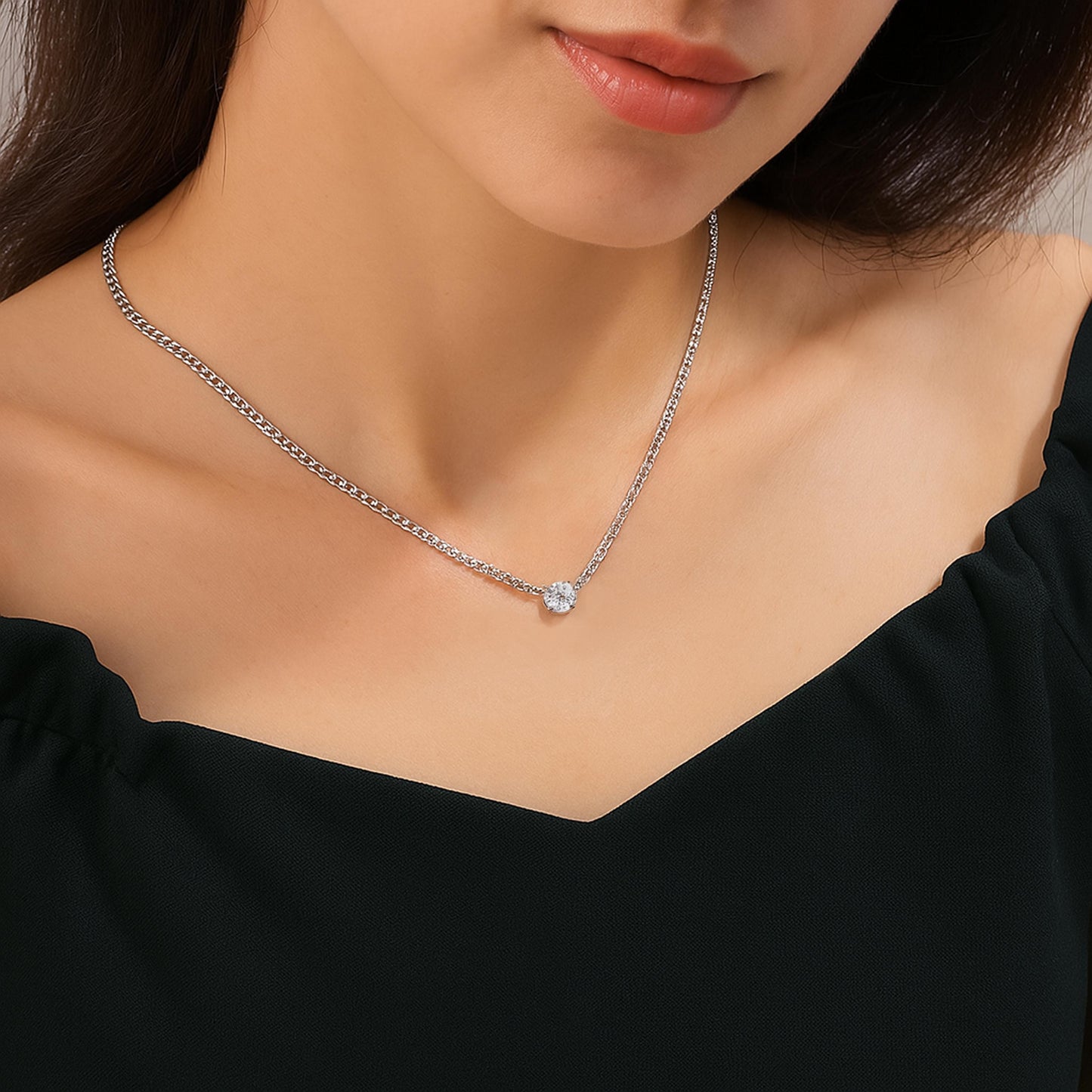 3mm Cuban Chain with Round CZ Solitaire Pendant Necklace