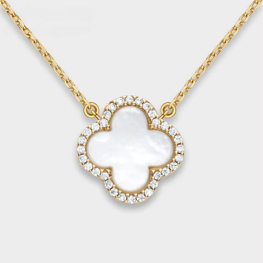 Mother of Pearl 4-Leaf Charm CZ Halo Pendant Necklace