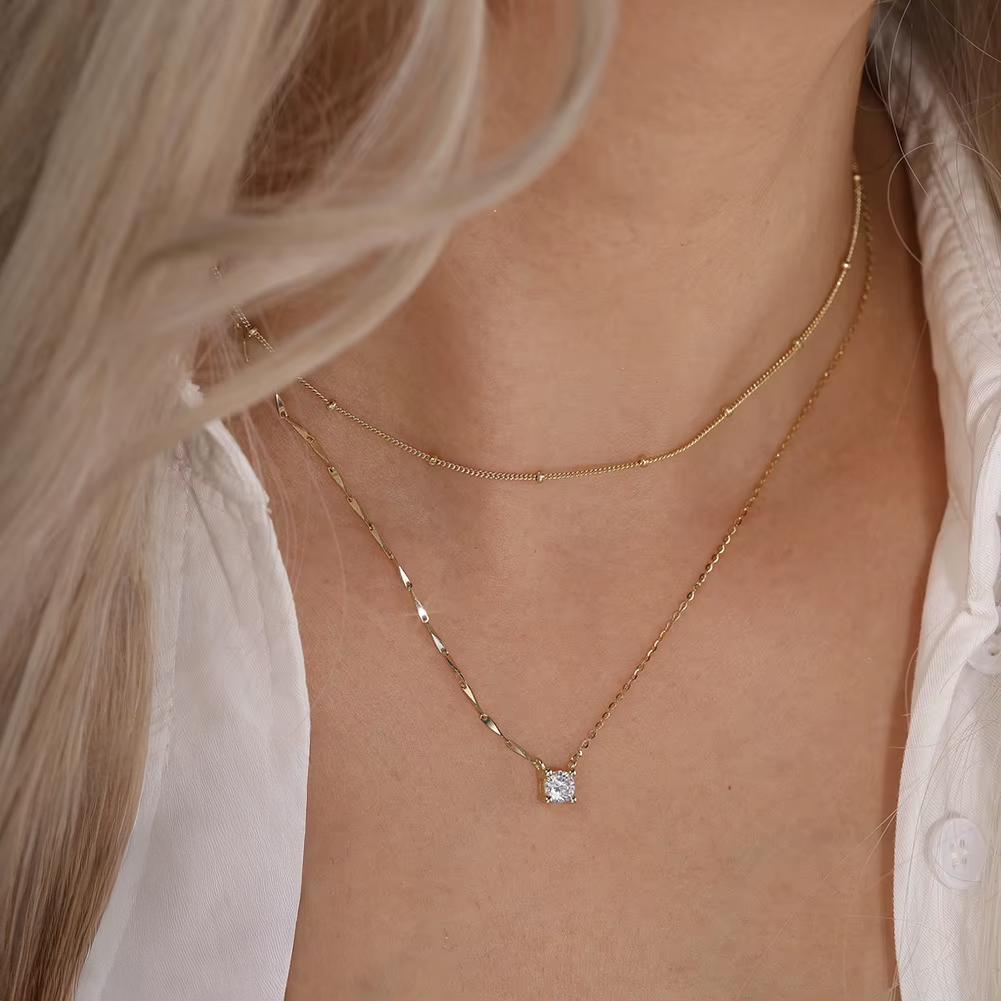 Half and Half Round CZ Dapped Bar & Cable Chain Necklace