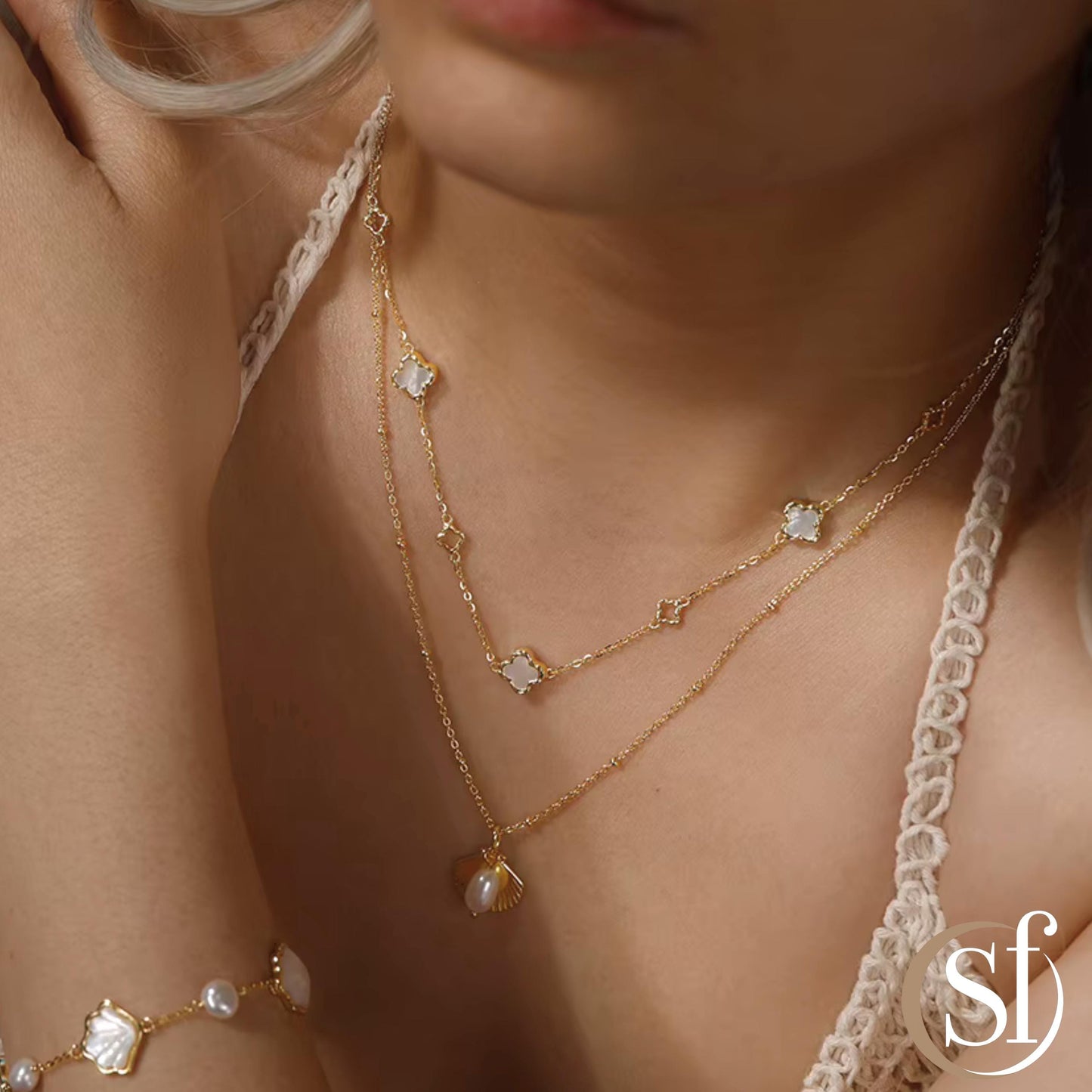 Mother of Pearl 4 Leaf Charm Station Necklace