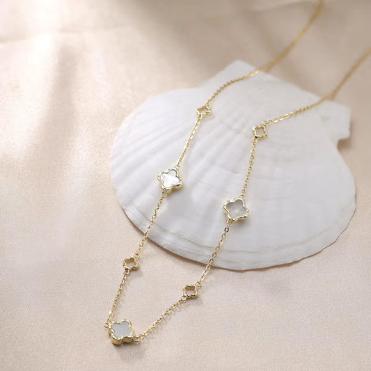 Mother of Pearl 4 Leaf Charm Station Necklace