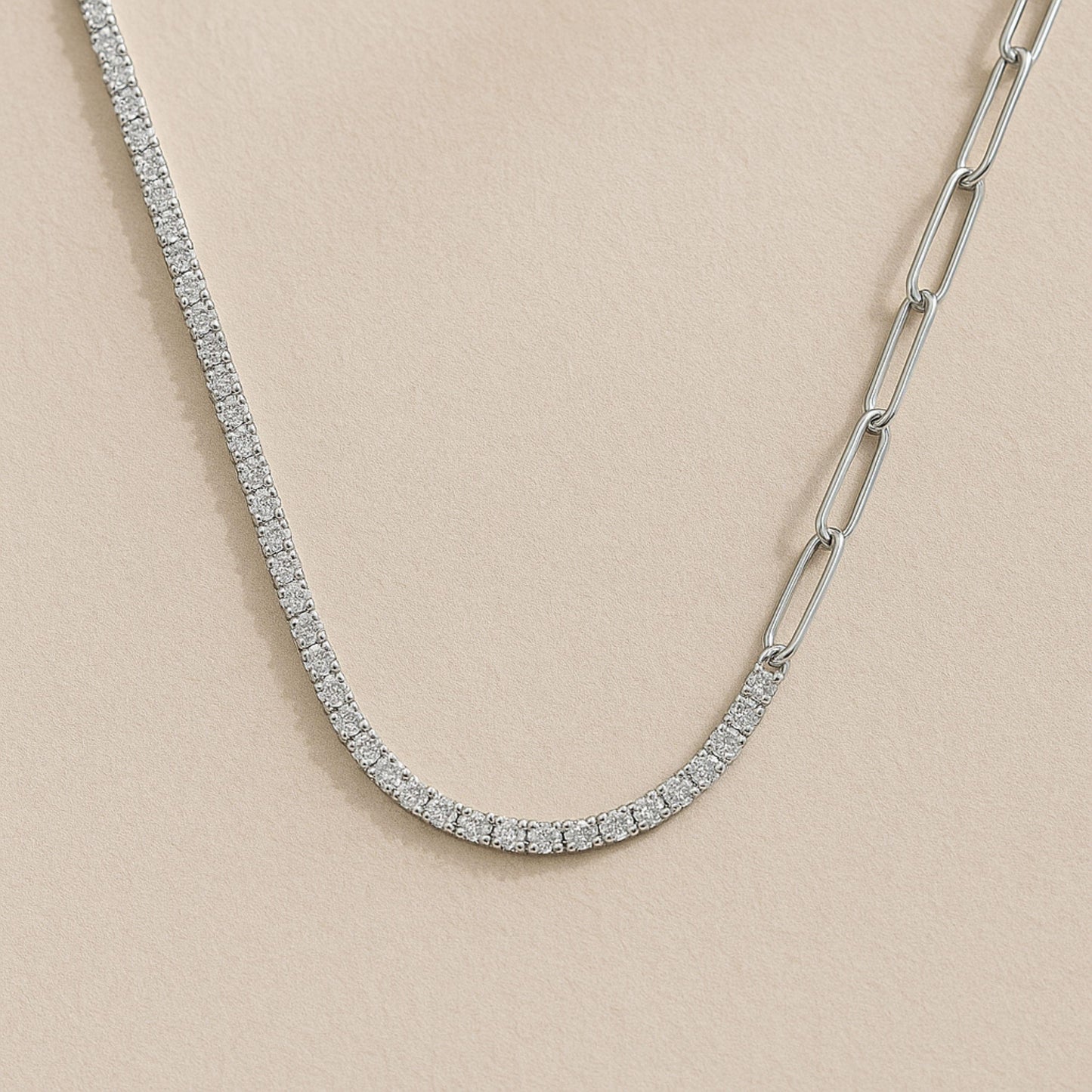 Half and Half Tennis & Paperclip Chain Necklace