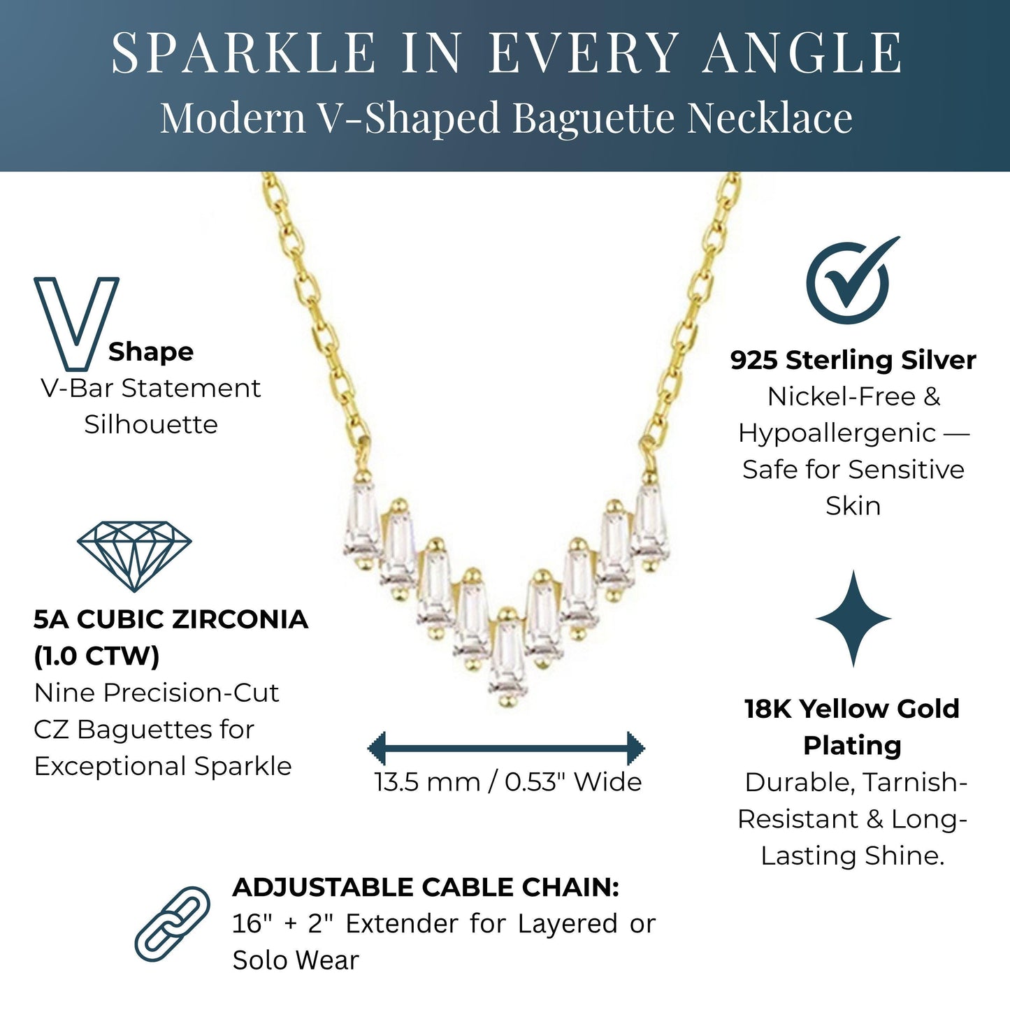 Dainty CZ Baguette V Shape Pendant Necklace