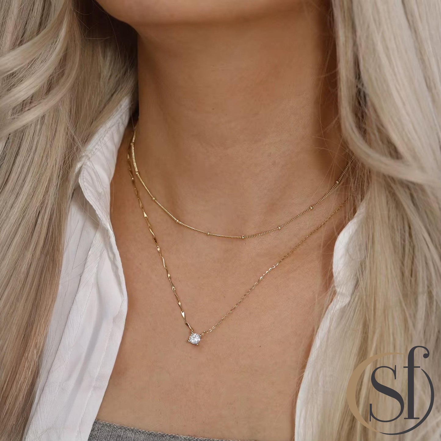 Half and Half Round CZ Dapped Bar & Cable Chain Necklace