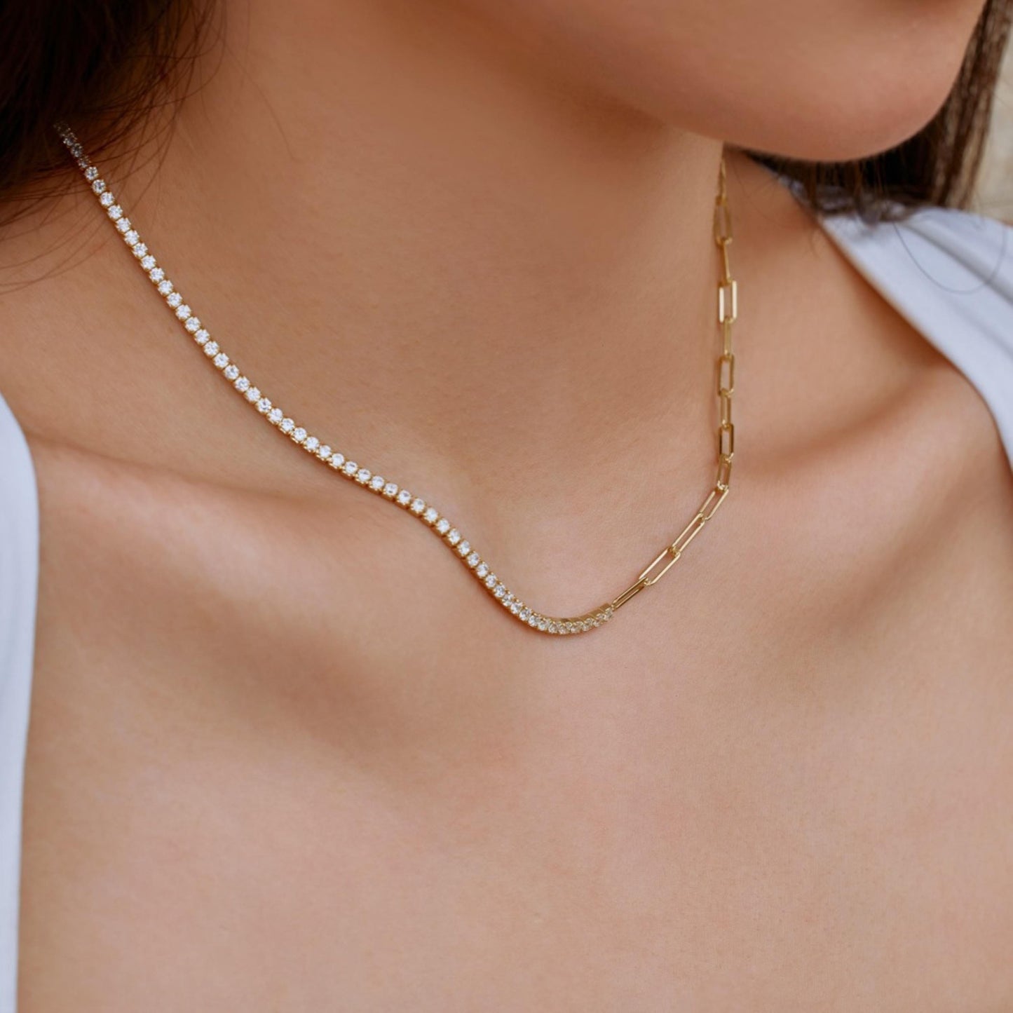 Half and Half Tennis & Paperclip Chain Necklace