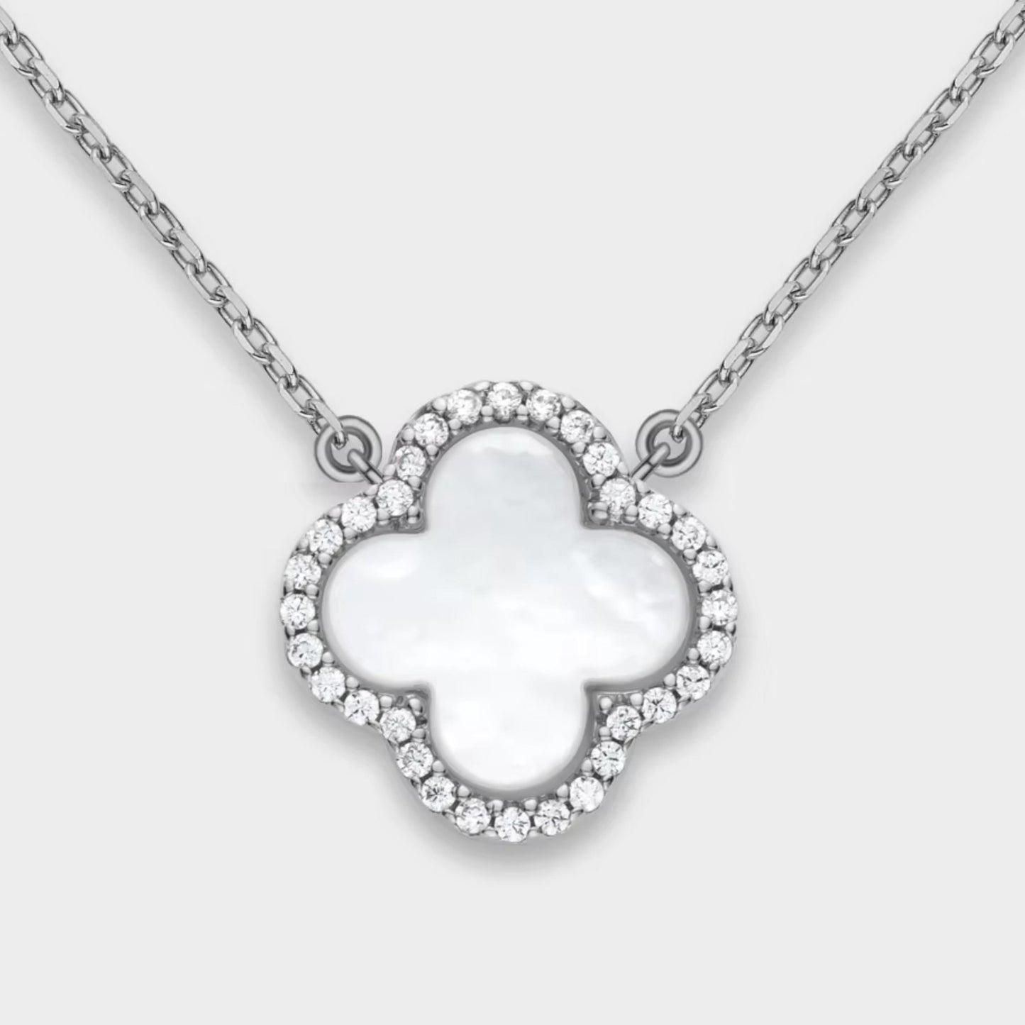 Mother of Pearl 4-Leaf Charm CZ Halo Pendant Necklace