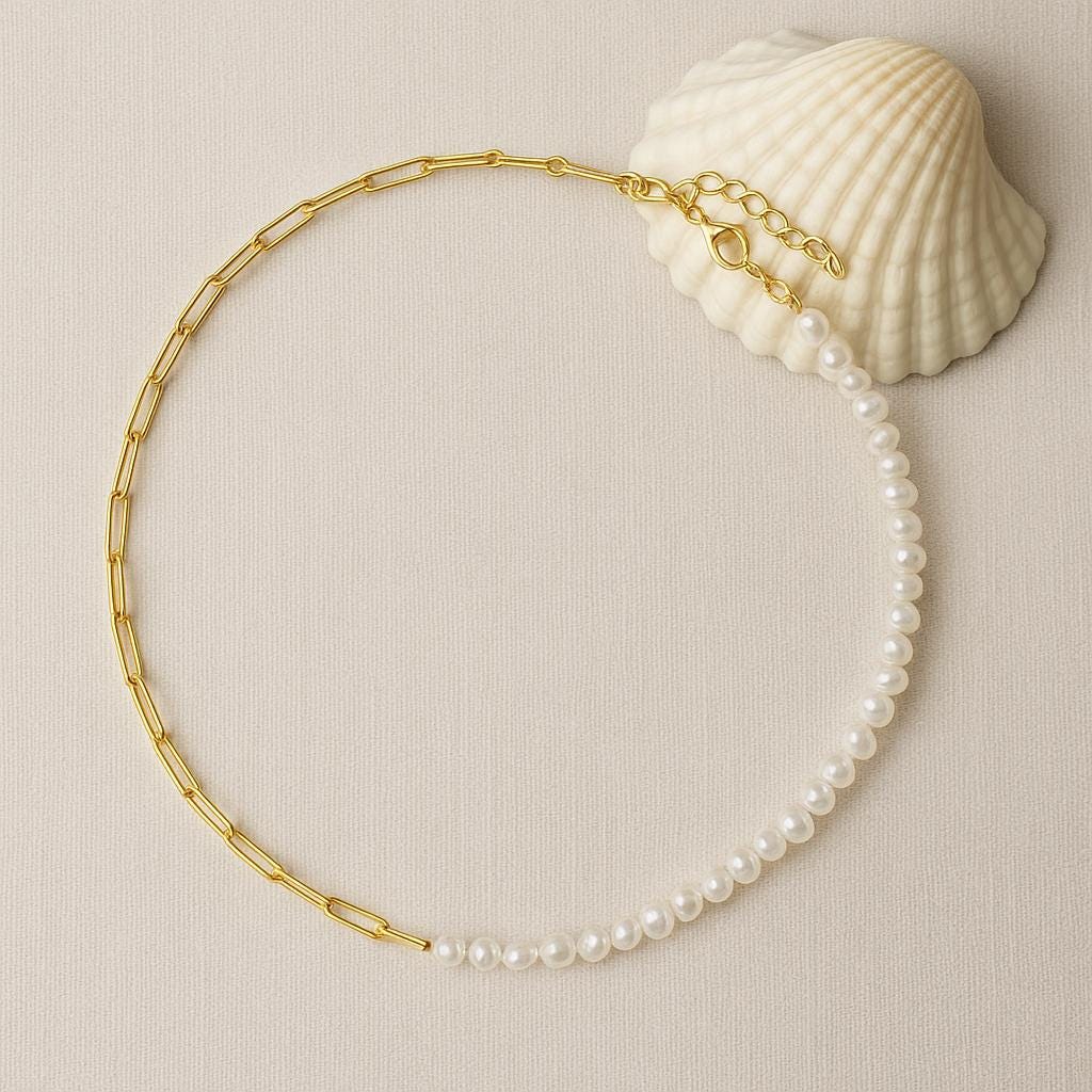 Half and Half Baroque Pearl  and Paperclip Chain Necklace