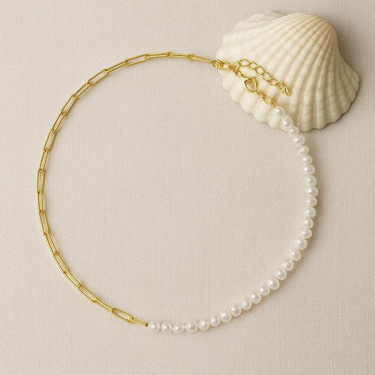 Half and Half Baroque Pearl  and Paperclip Chain Necklace