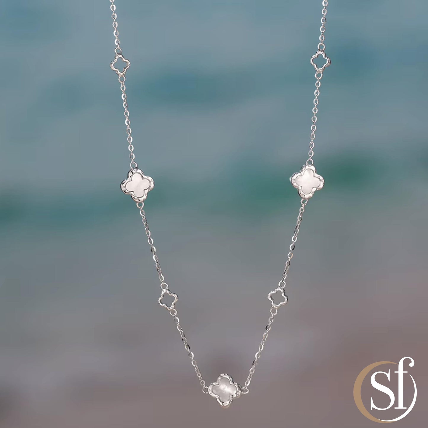 Mother of Pearl 4 Leaf Charm Station Necklace