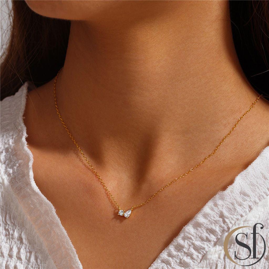 Dainty Pear & Round CZ Cluster Pendant Necklace