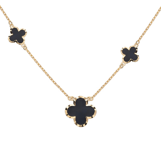 Black Agate 4 Leaf Charm 3 Station Necklace