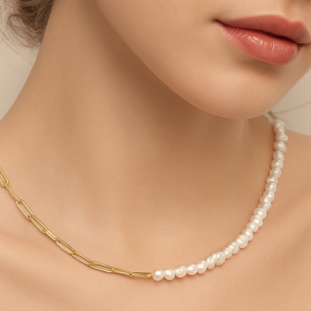 Half and Half Baroque Pearl  and Paperclip Chain Necklace