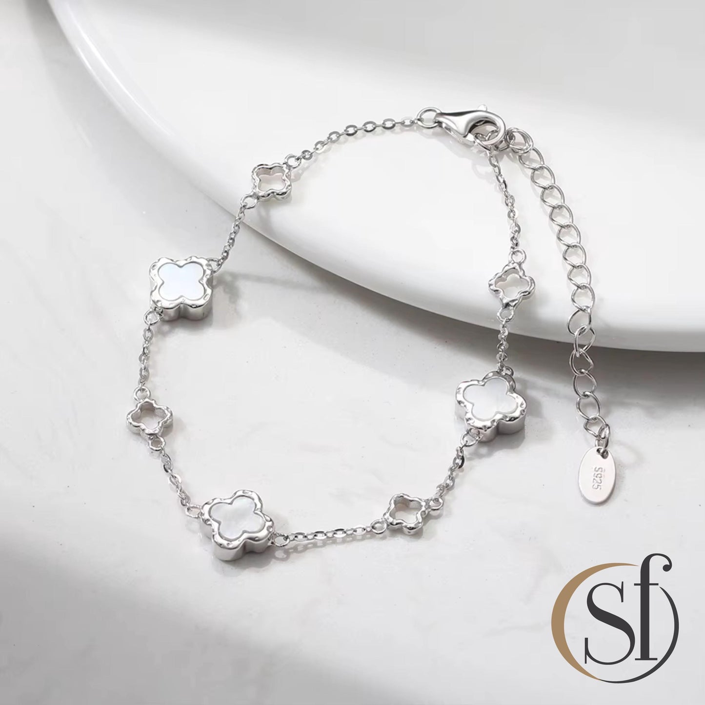 Mother of Pearl 4 Leaft Charm Station Bracelet
