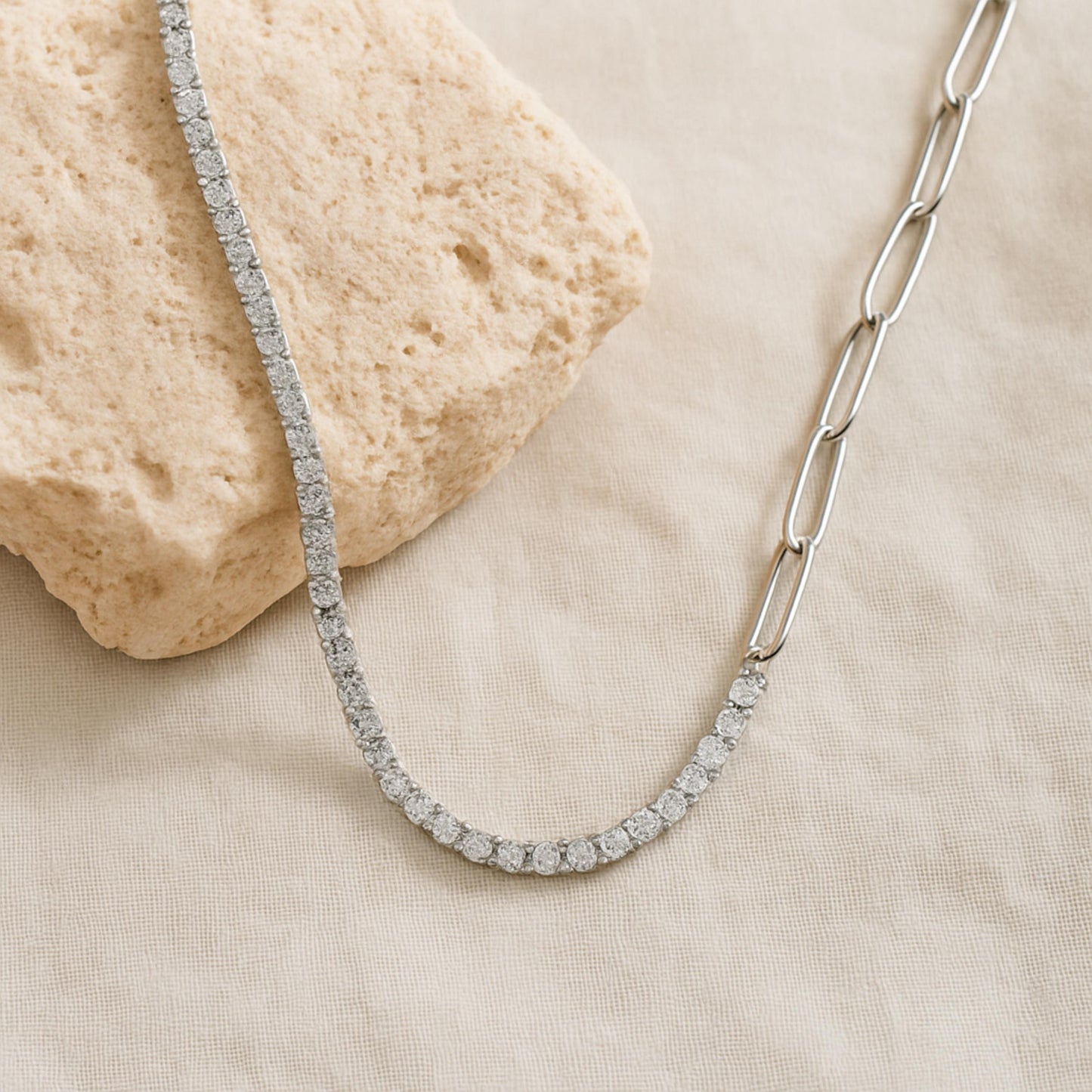 Half and Half Tennis & Paperclip Chain Necklace
