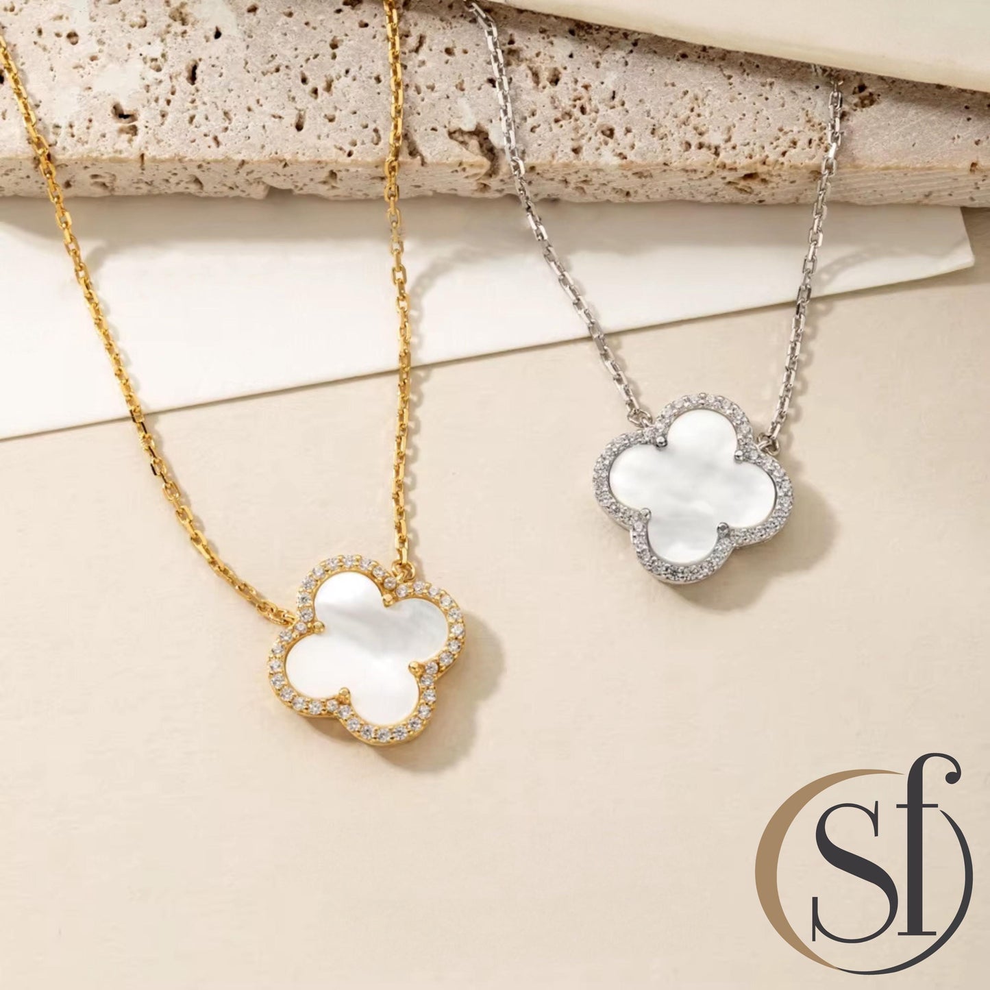Mother of Pearl 4-Leaf Charm CZ Halo Pendant Necklace