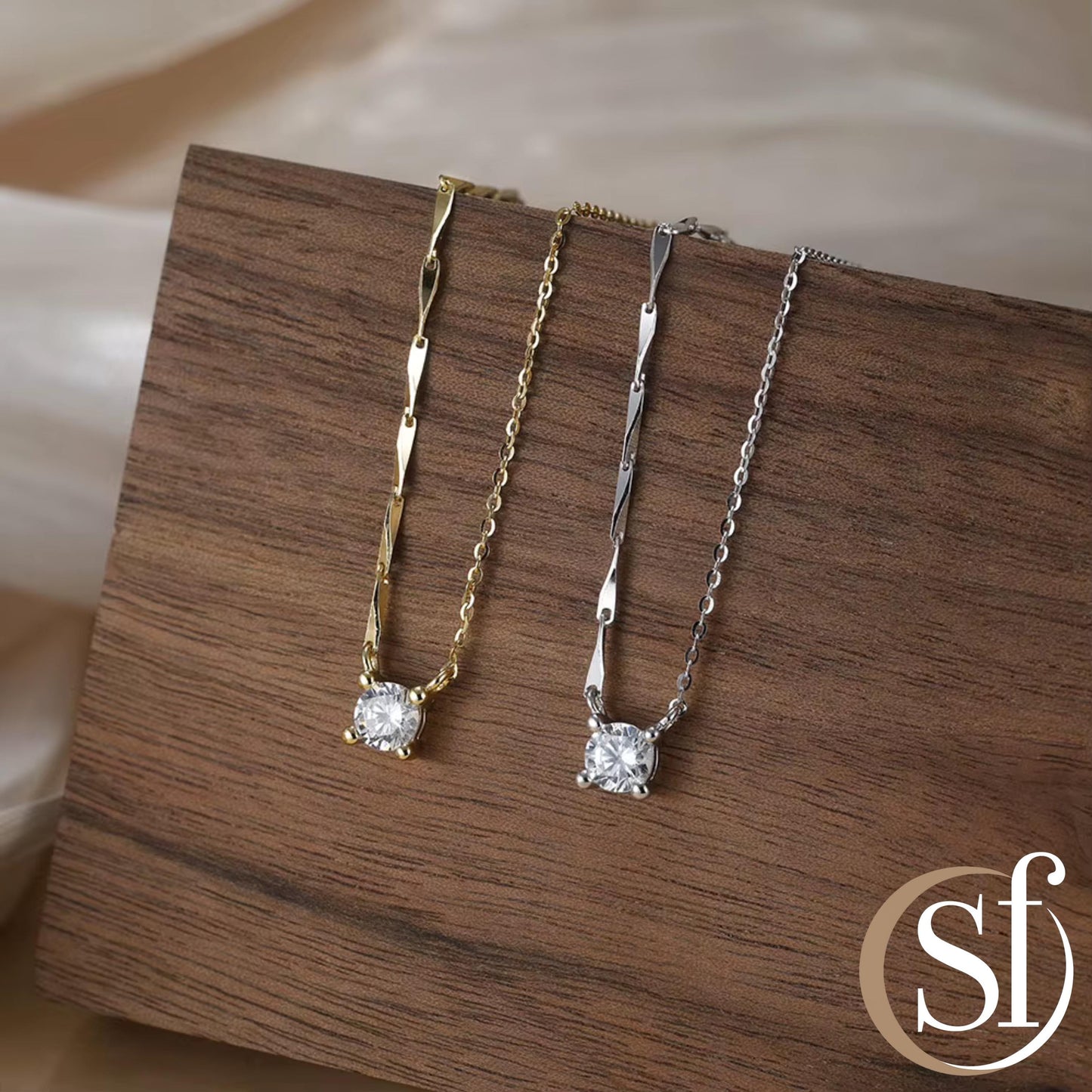 Half and Half Round CZ Dapped Bar & Cable Chain Necklace