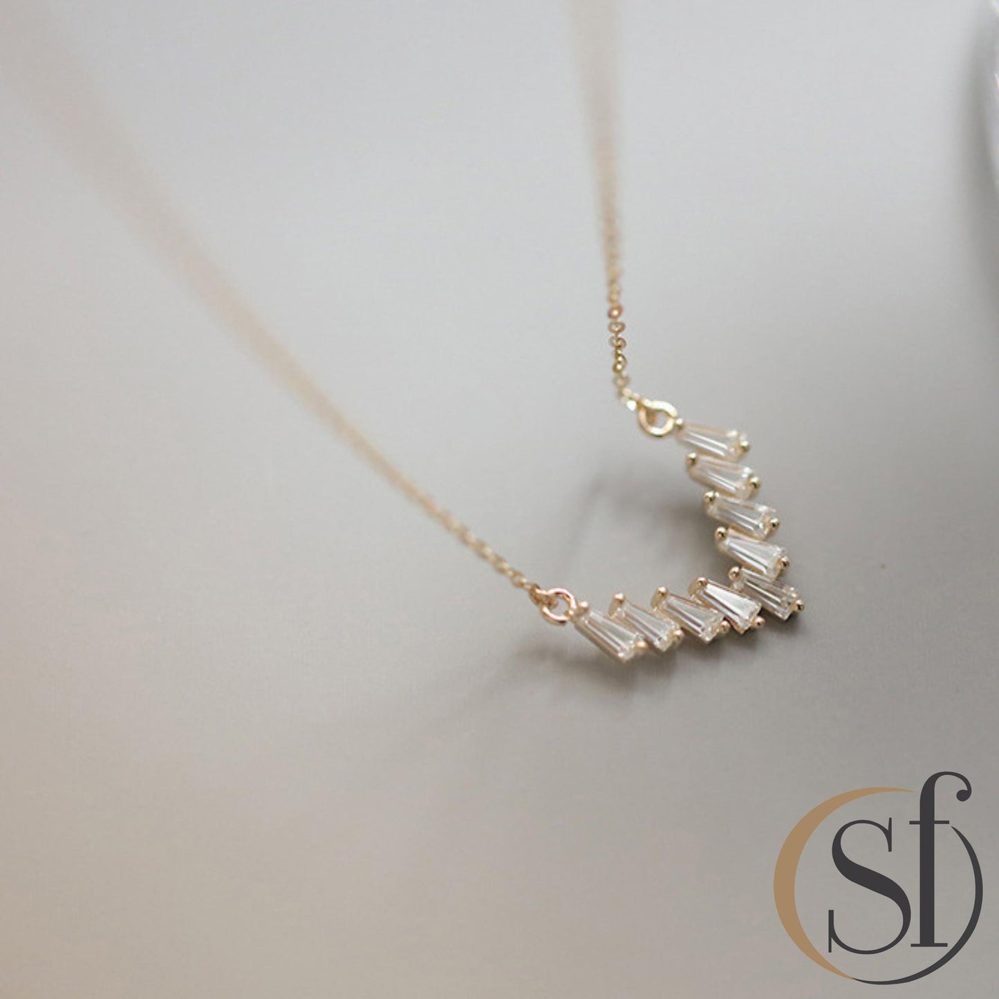 Dainty CZ Baguette V Shape Pendant Necklace
