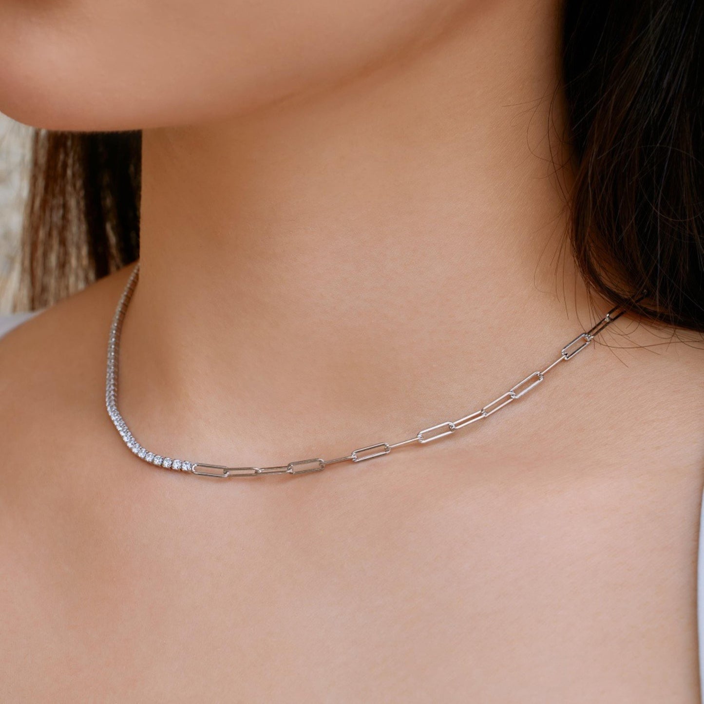 Half and Half Tennis & Paperclip Chain Necklace