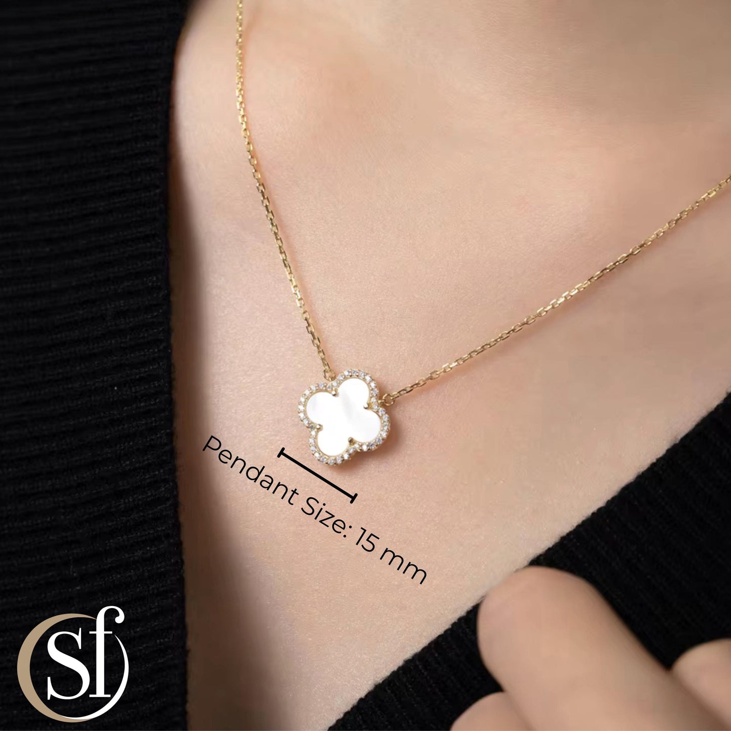 Mother of Pearl 4-Leaf Charm CZ Halo Pendant Necklace