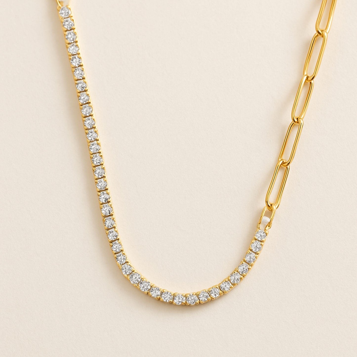 Half and Half Tennis & Paperclip Chain Necklace