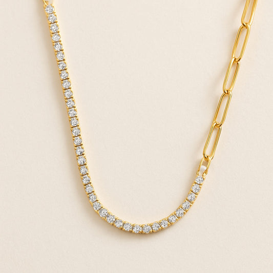 Half and Half Tennis & Paperclip Chain Necklace