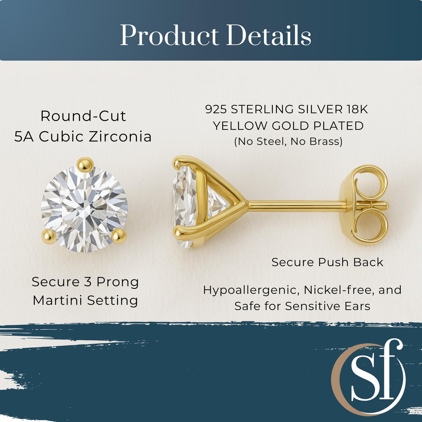 Round Cut 3 Prong Martini Style Stud Earrings
