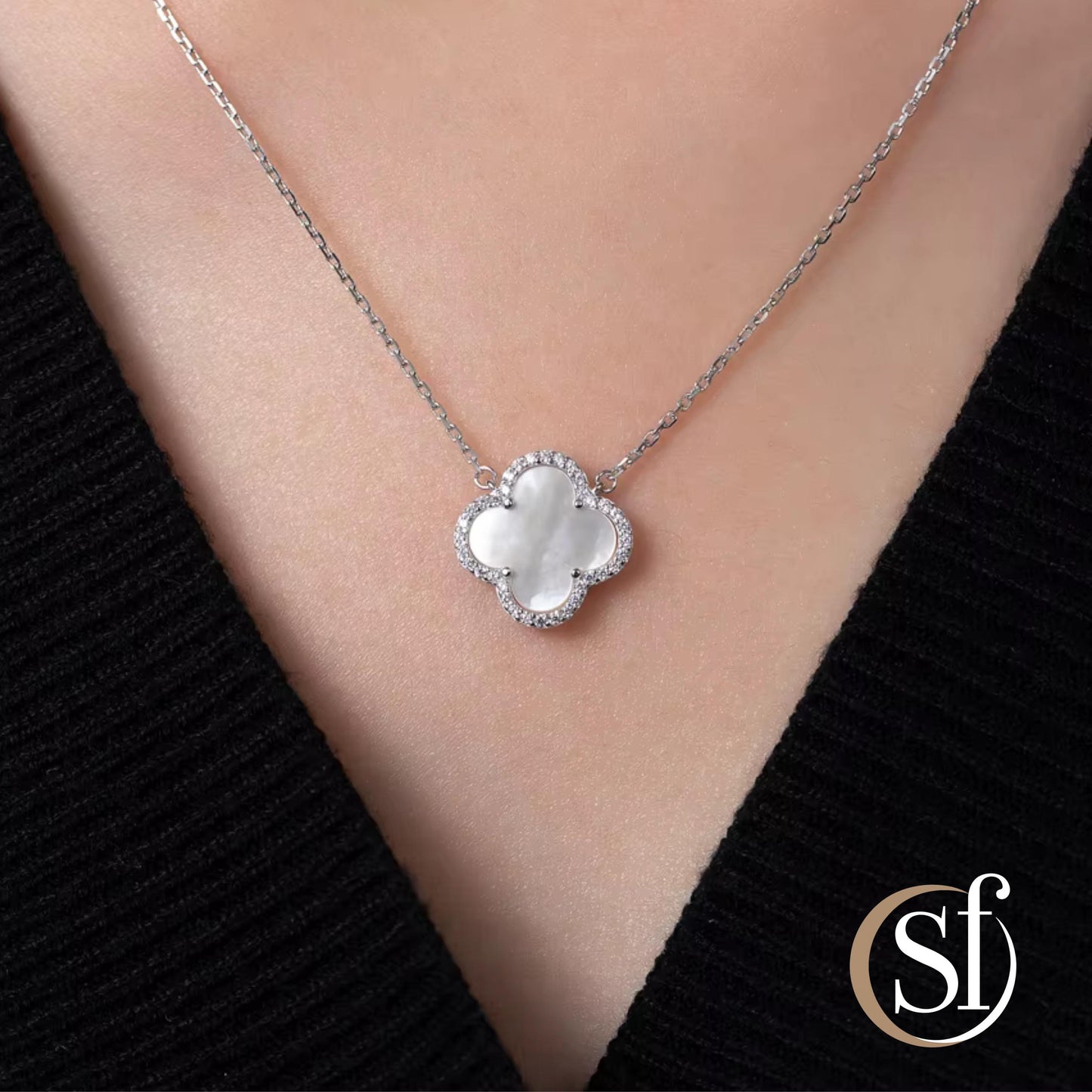 Mother of Pearl 4-Leaf Charm CZ Halo Pendant Necklace