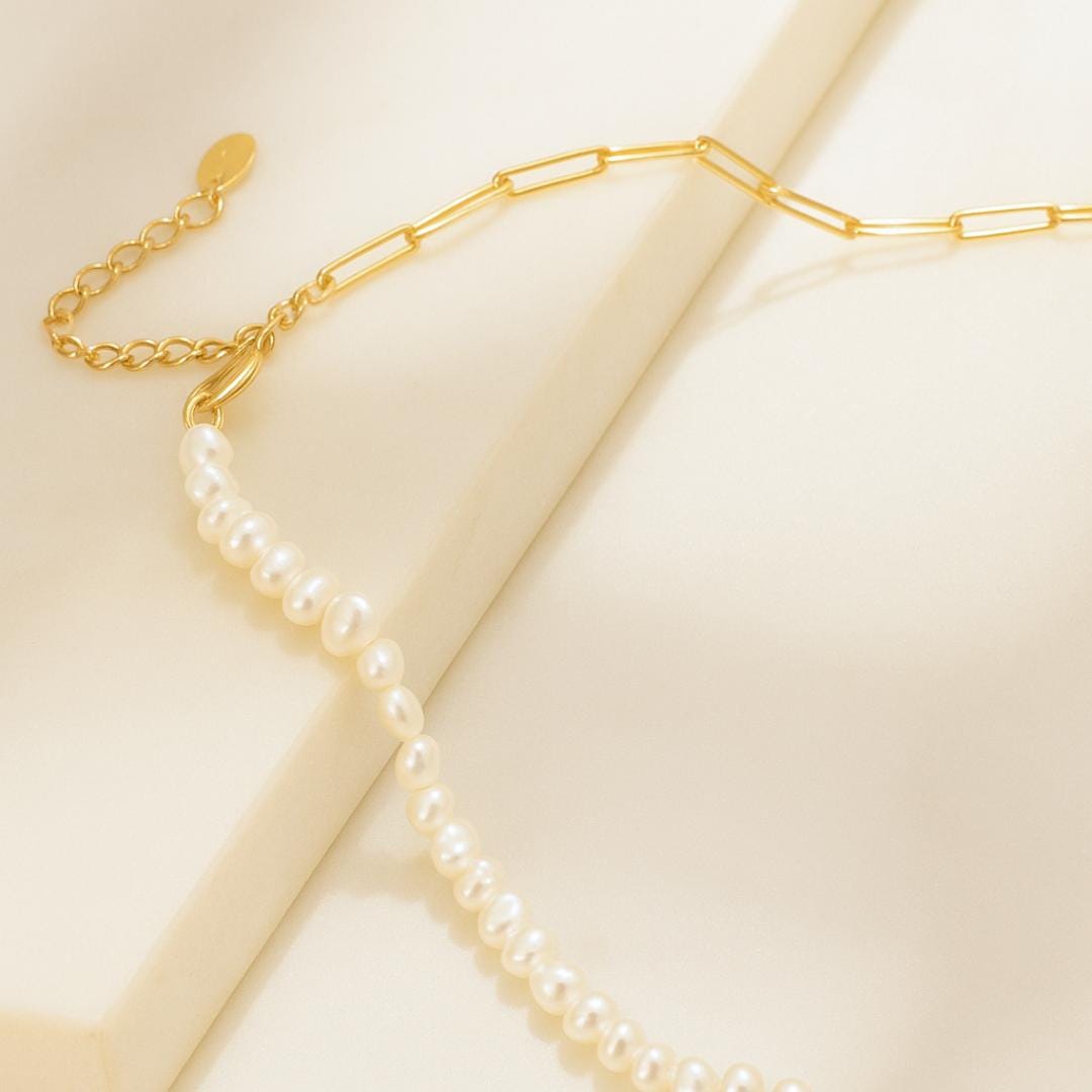 Half and Half Baroque Pearl  and Paperclip Chain Necklace
