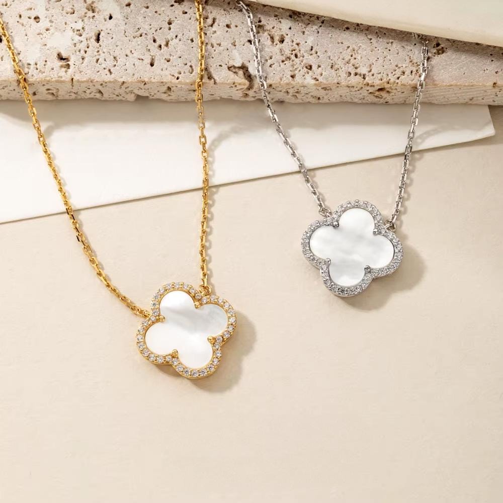 Mother of Pearl 4-Leaf Charm CZ Halo Pendant Necklace