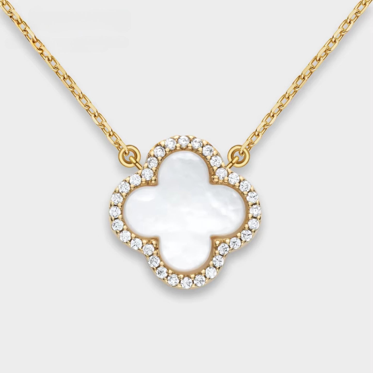 Mother of Pearl 4-Leaf Charm CZ Halo Pendant Necklace