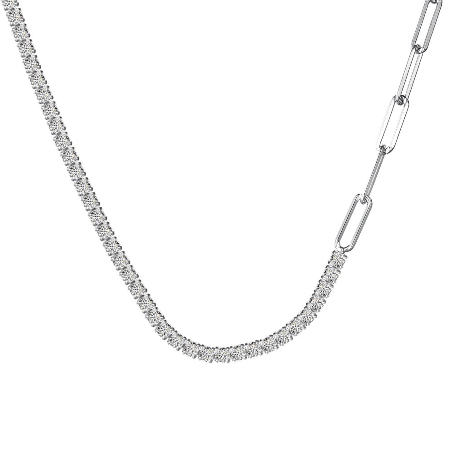Half and Half Tennis & Paperclip Chain Necklace