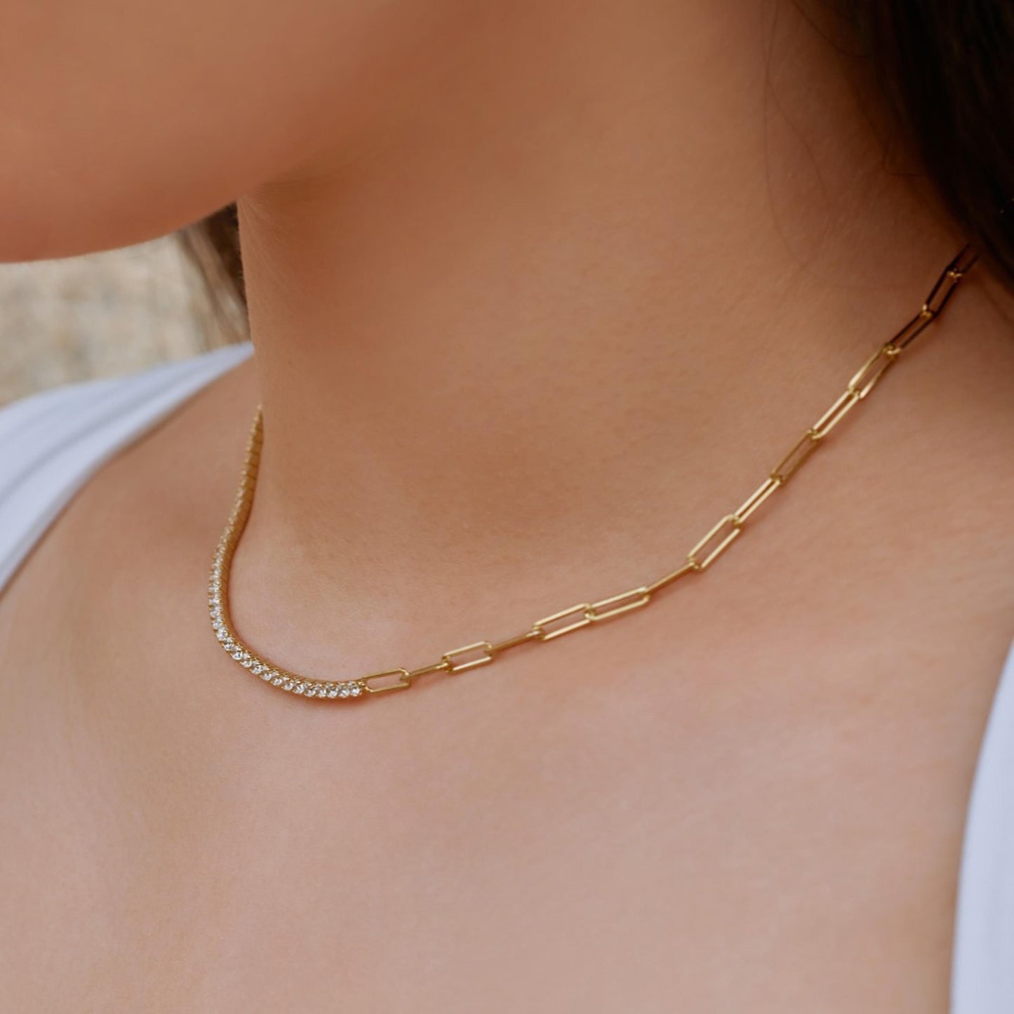 Half and Half Tennis & Paperclip Chain Necklace