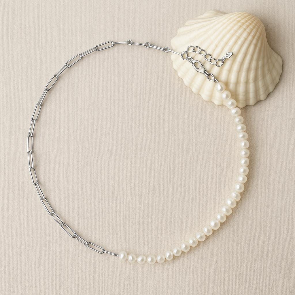 Half and Half Baroque Pearl  and Paperclip Chain Necklace
