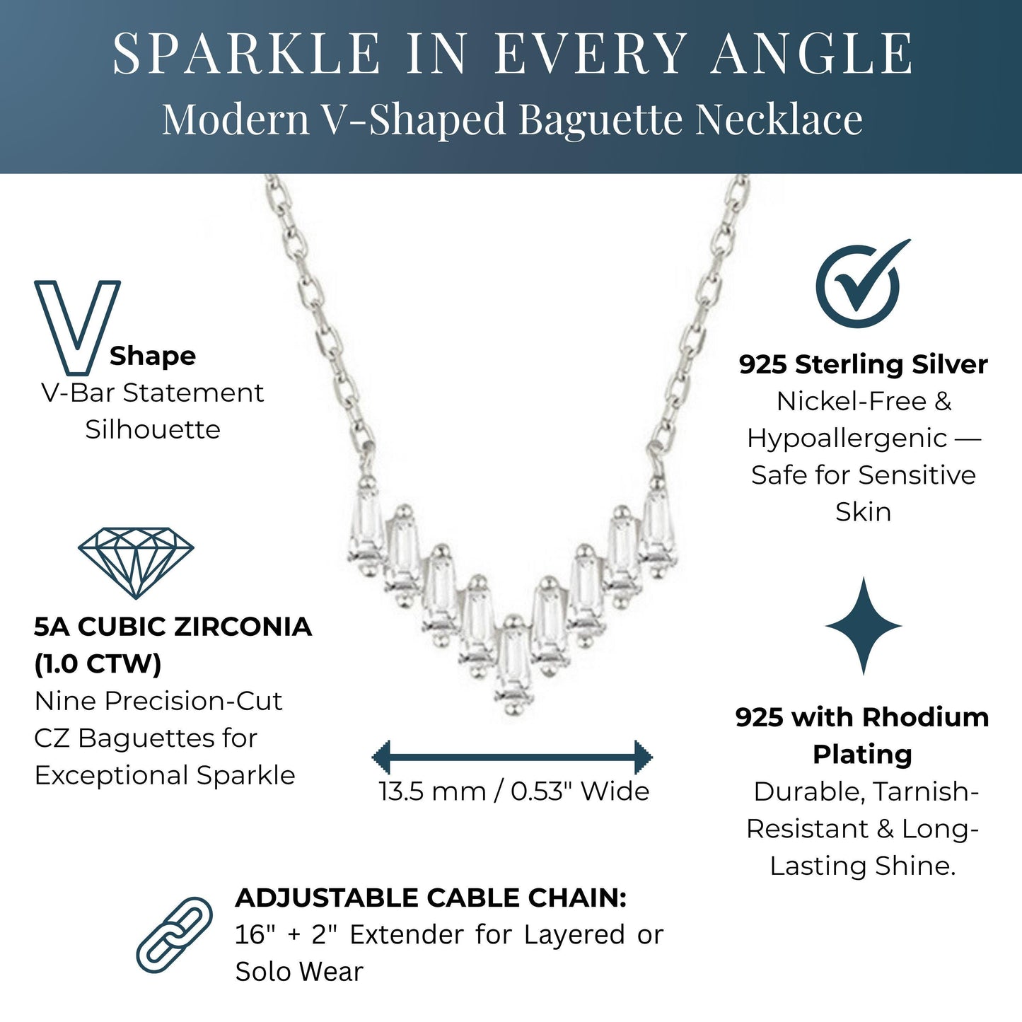 Dainty CZ Baguette V Shape Pendant Necklace
