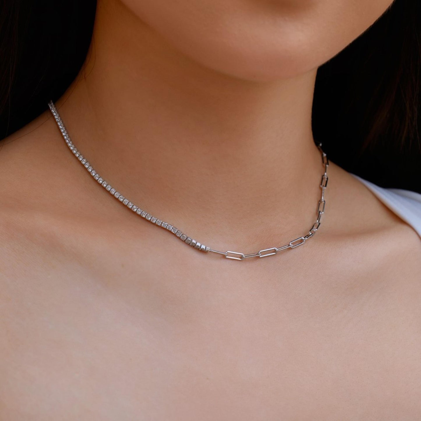 Half and Half Tennis & Paperclip Chain Necklace
